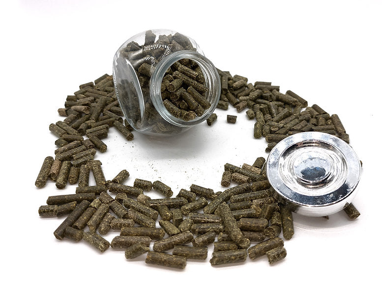 A jar filled with alfalfa pellets