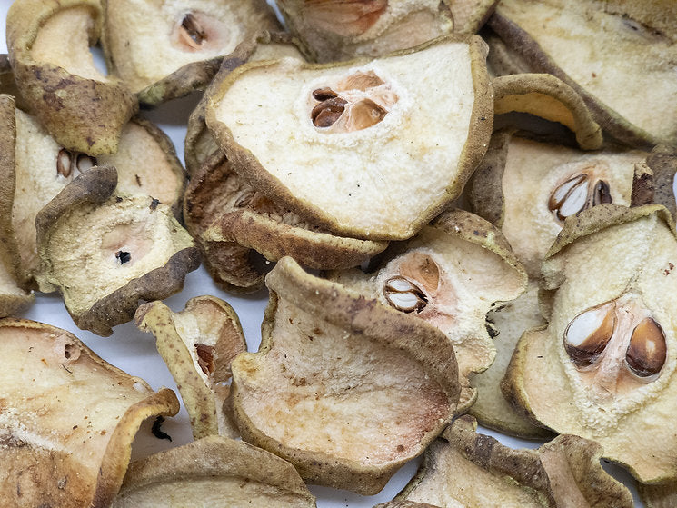 A close up of pear slices