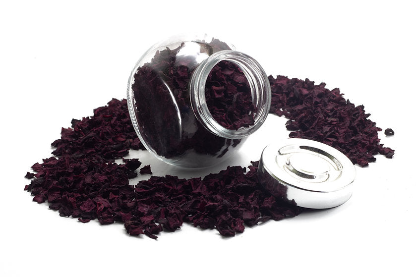 A jar of beetroot flakes