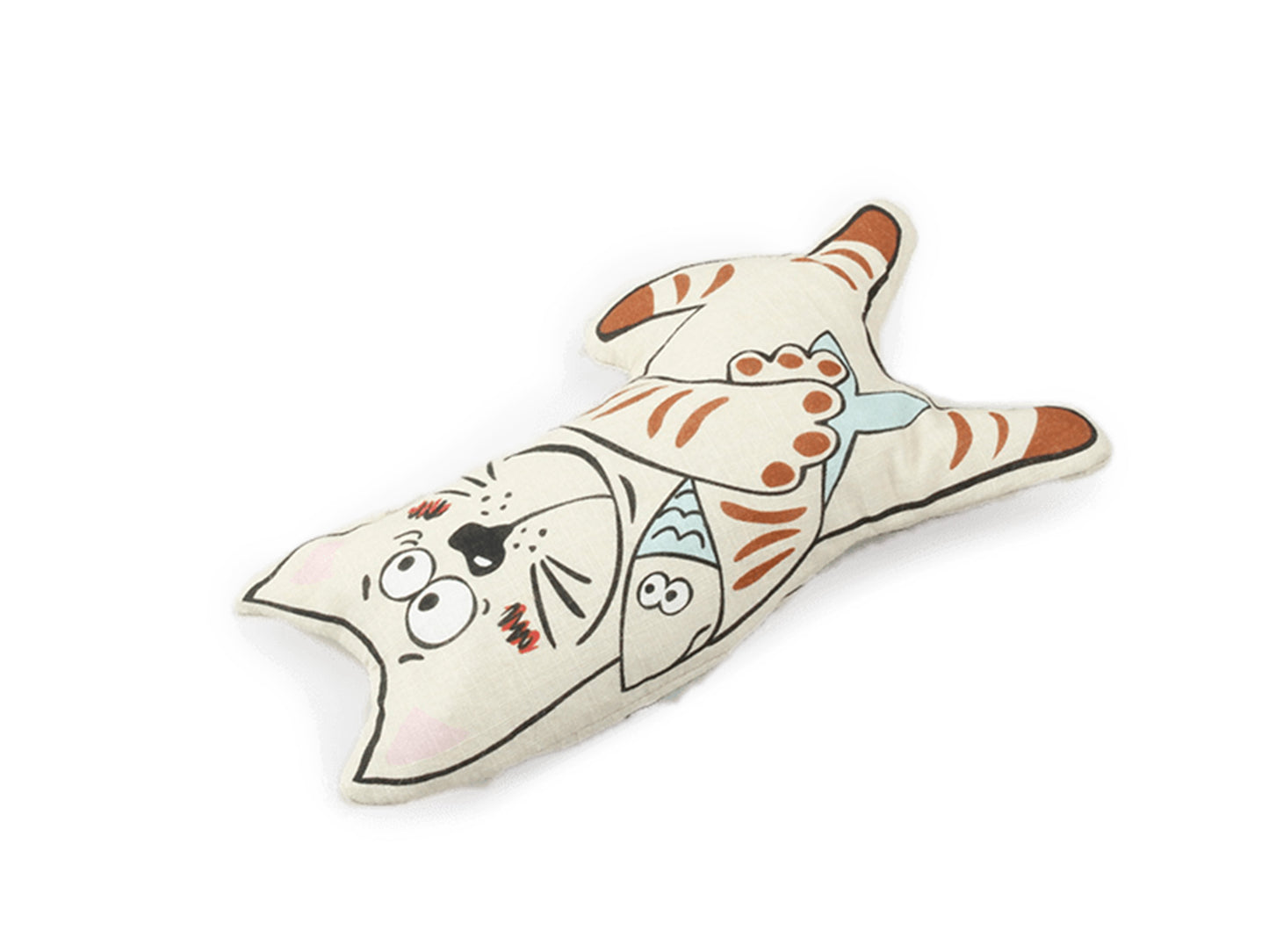 A cat-shaped plush cushion with a cartoon illustration of a sleeping orange tabby cat on an off-white fabric background, shown on a plain white studio background.