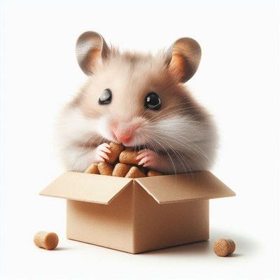 Ai Hamster eating food in a cardboard box