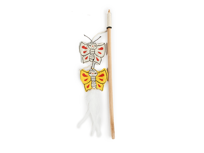 A wooden butterfly cat toy with a light natural wood rod, two butterfly charms, a string, and a white feather on a plain white background.