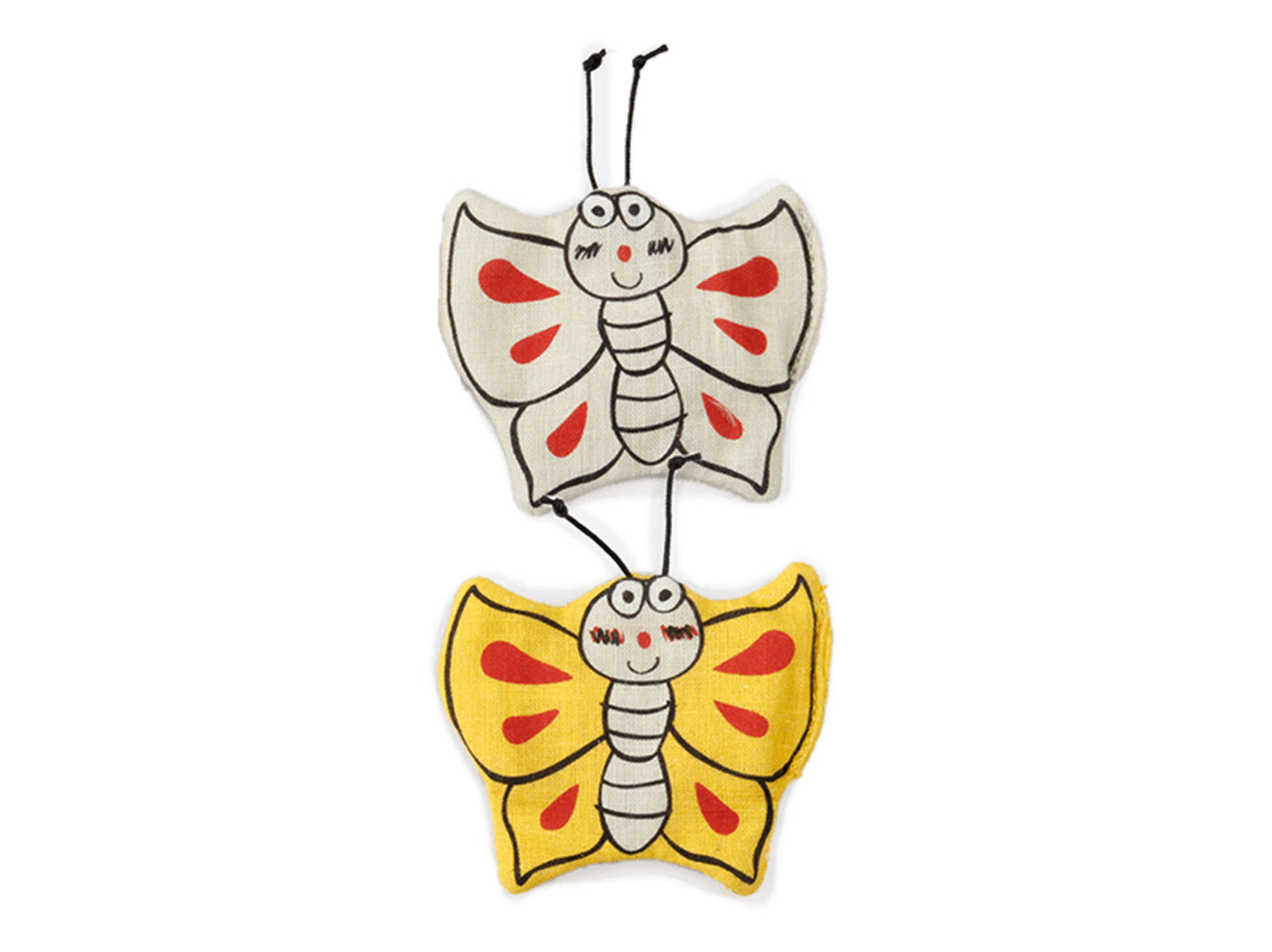 Two butterfly cat toys, one with white wings and red spots, and the other with yellow wings and red spots, on a white background.