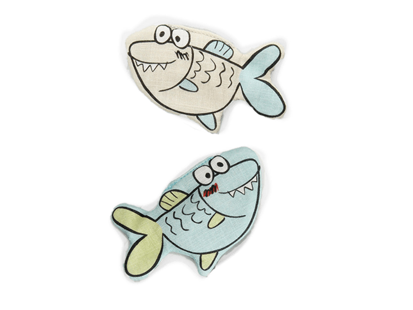 Two cartoon shark-shaped cat toys on a plain white background, one with a beige body and light blue tail, and the other with a light blue body and pale yellow fin.