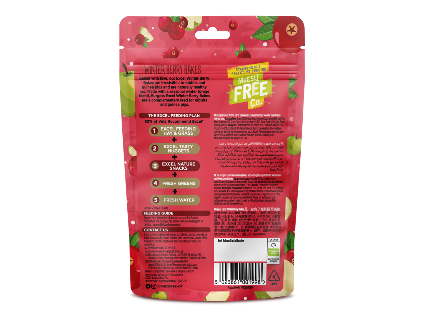 Red pet food packaging with text and images of fish on a white background