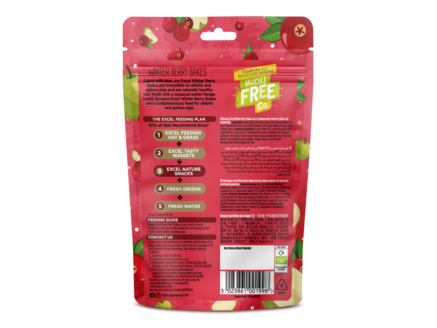 Red pet food packaging with text and images of fish on a white background
