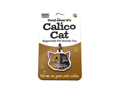 Engravable pet identity tag for a calico cat on a white background