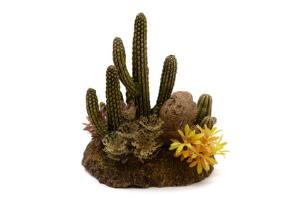 Decorative aquarium rock with cacti and yellow coral on a white background