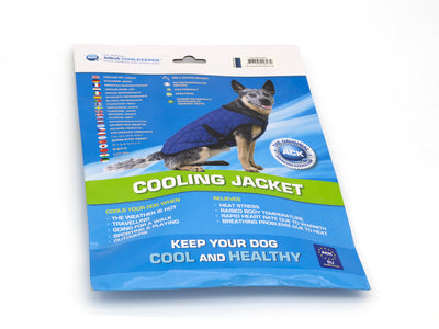 Package of a dog cooling jacket with text on a white background