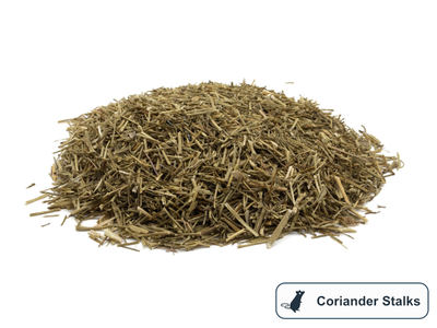 Loose pile of dried coriander stalks for small pets on a white background