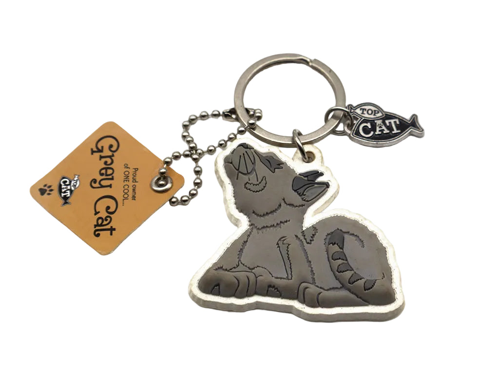 Keychain with a cat design and 'Grey Cat' tag on a white background