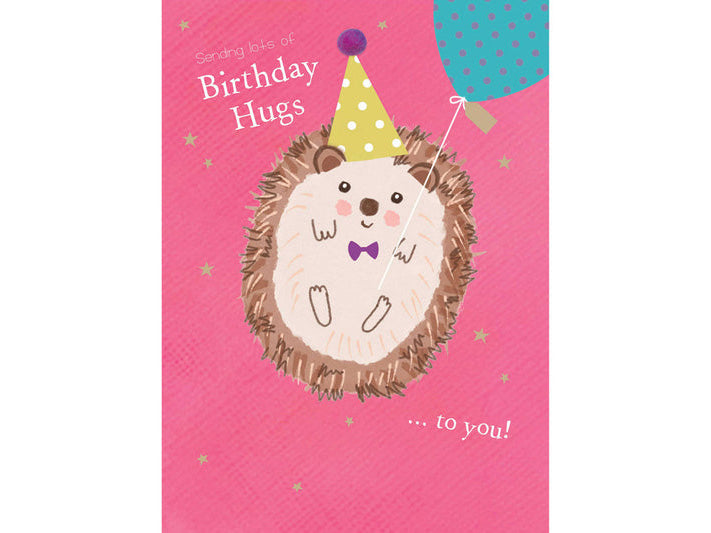 Birthday card with a hedgehog wearing a party hat and balloons on a pink background