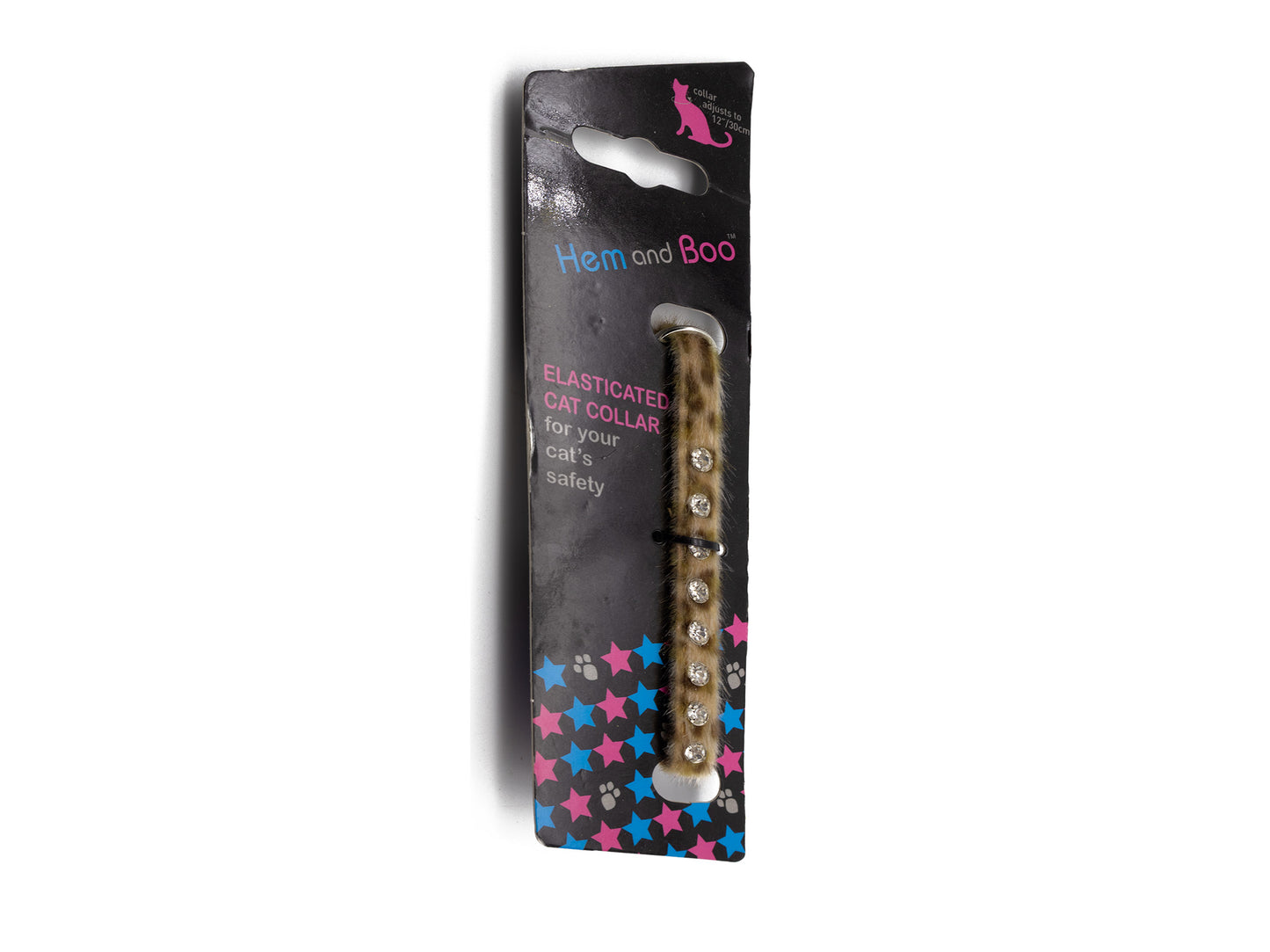 A packaged cat collar on a black retail card. The collar is tan with silver metal rings and sparkling jewels.