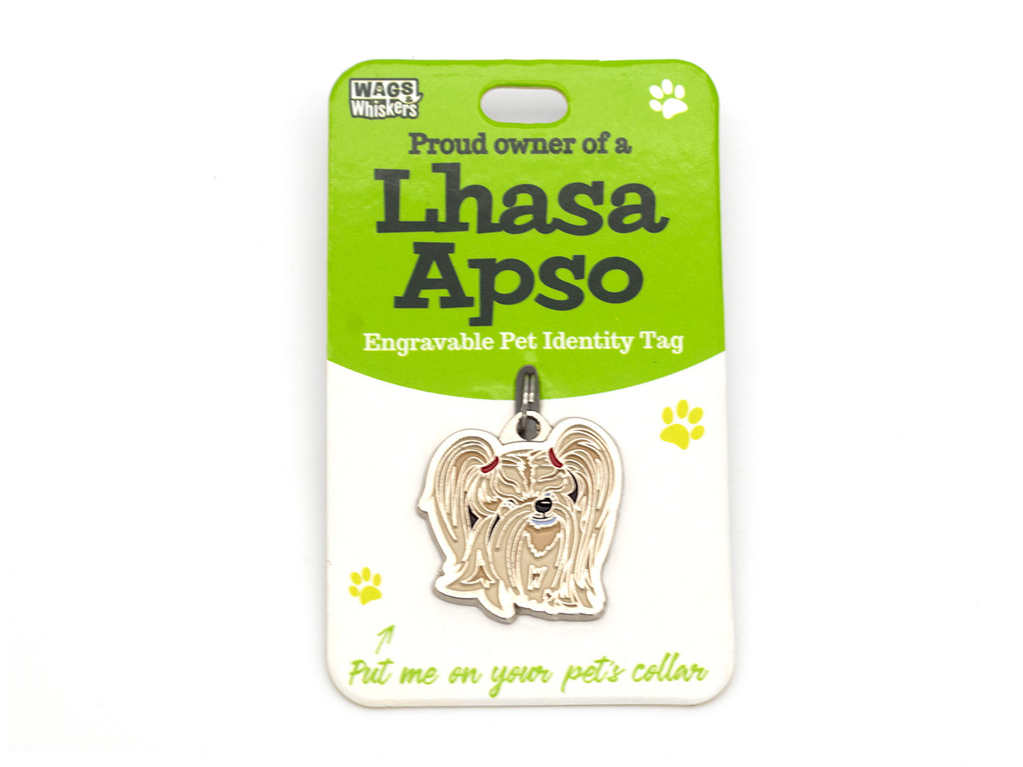 Engravable pet identity tag for Lhasa Apso dogs on a green and white card.