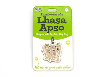 Engravable pet identity tag for Lhasa Apso dogs on a green and white card.