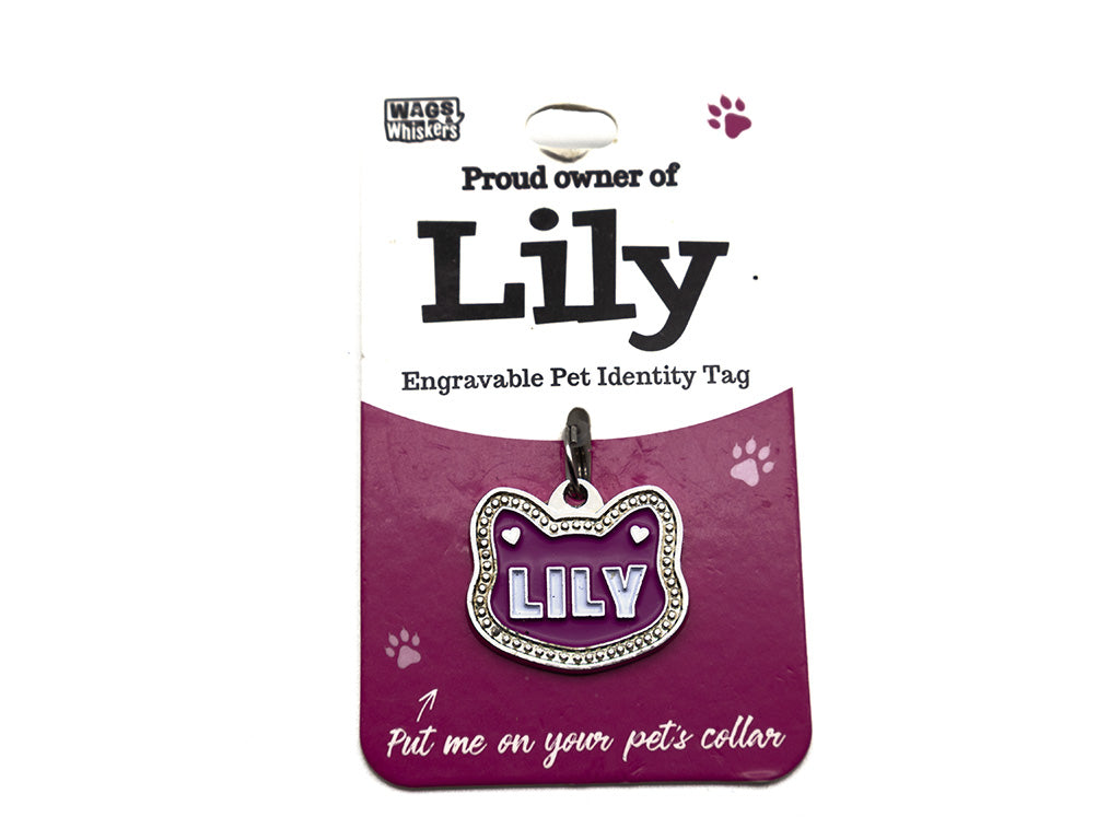 Engravable pet identity tag for Lily on a purple card with Wag Whiskers branding.