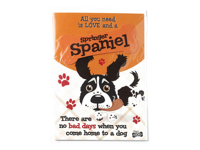 Card with a Springer Spaniel illustration and text about love and a dog on an orange background
