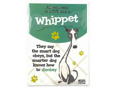 Card with a whippet illustration and text about love and a whippet.