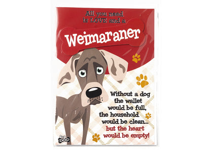 Card with a Weimaraner dog illustration and humorous text on a white background