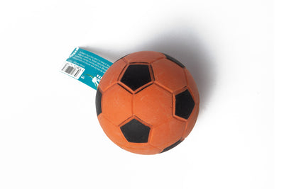 Orange and black soccer ball with a tag on a white background