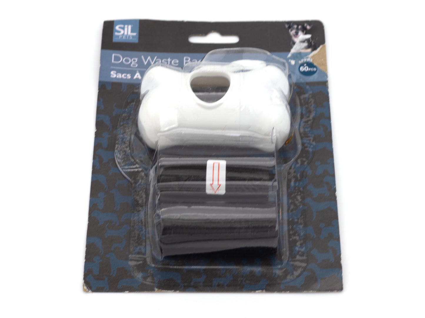 Dog waste bag dispenser with bags in packaging on a white background