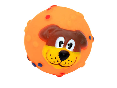 Orange ball with a cartoon dog face on a white background