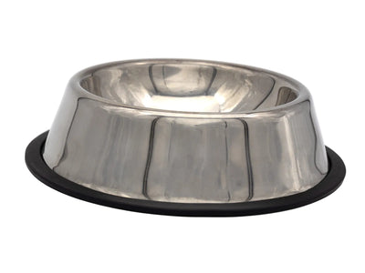 Stainless steel pet bowl with a black rubber base on a white background