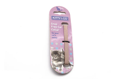 Kitty Co Snap Free Cat Collar in its original pink blister packaging, featuring a cat photo and product details on a white background.