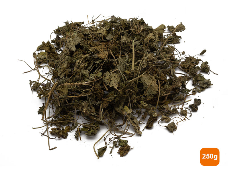 Pile of Mallow leaves with a '250g' label on a white background
