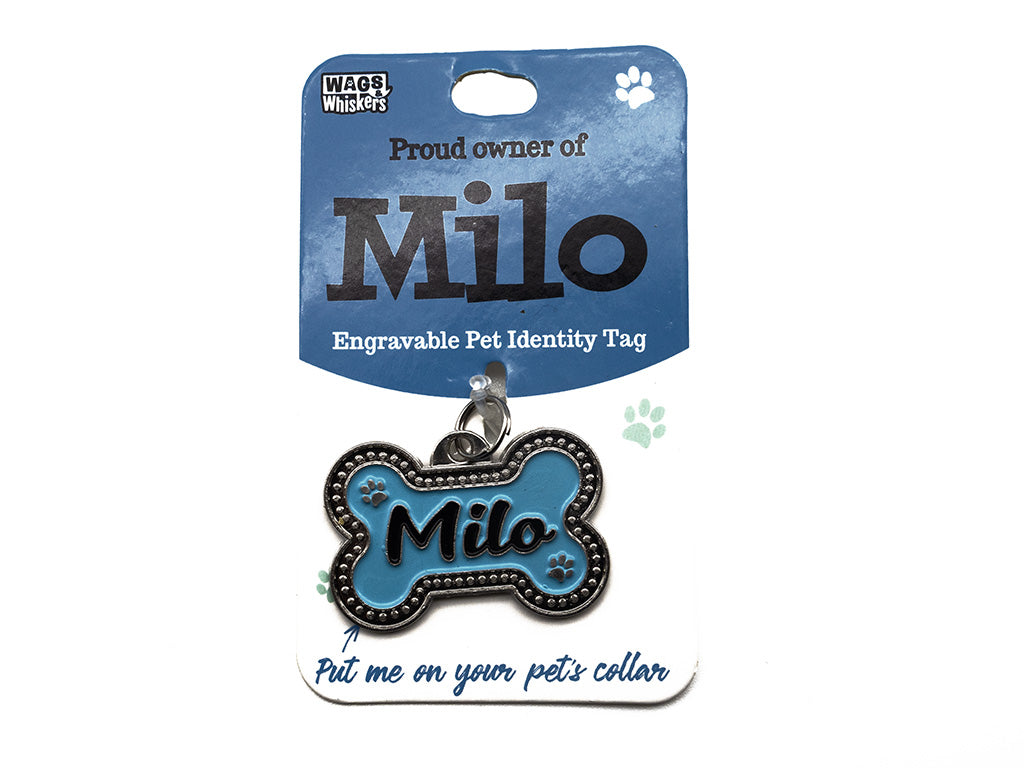 Engravable pet identity tag with 'Milo' on a blue bone-shaped pendant, displayed on packaging.
