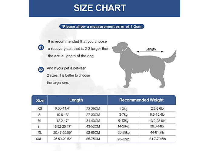 A size chart graphic for a dog recovery suit, featuring a dog silhouette with a 'Length' measurement arrow and a table listing sizes XS through XXL, lengths in centimeters, and recommended weights in kilograms and pounds.