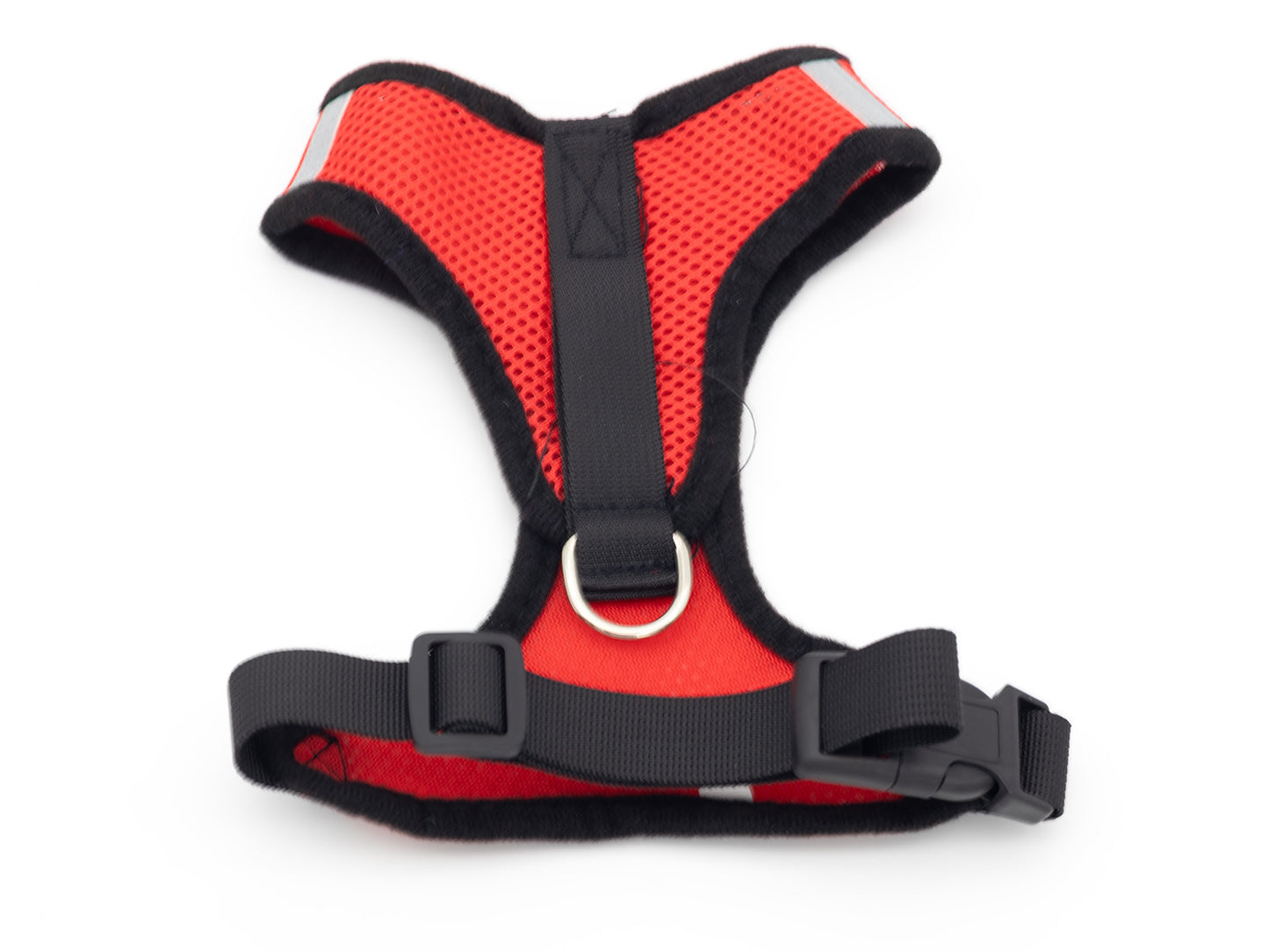 Red dog harness with black straps on a white background