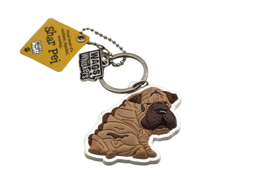Keychain shaped like a Shar Pei dog with a tag on a white background