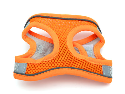 Orange dog harness with reflective stripes on a white background