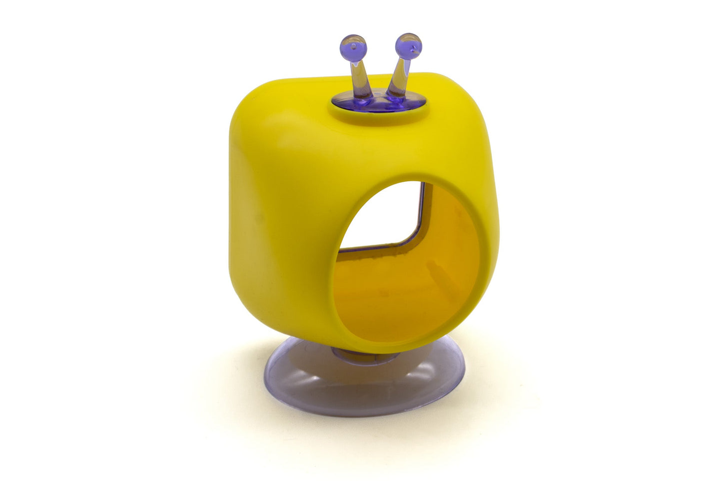 A yellow plastic children's climbing structure or playhouse with a suction cup base and two purple antennae on top, shown on a white background.