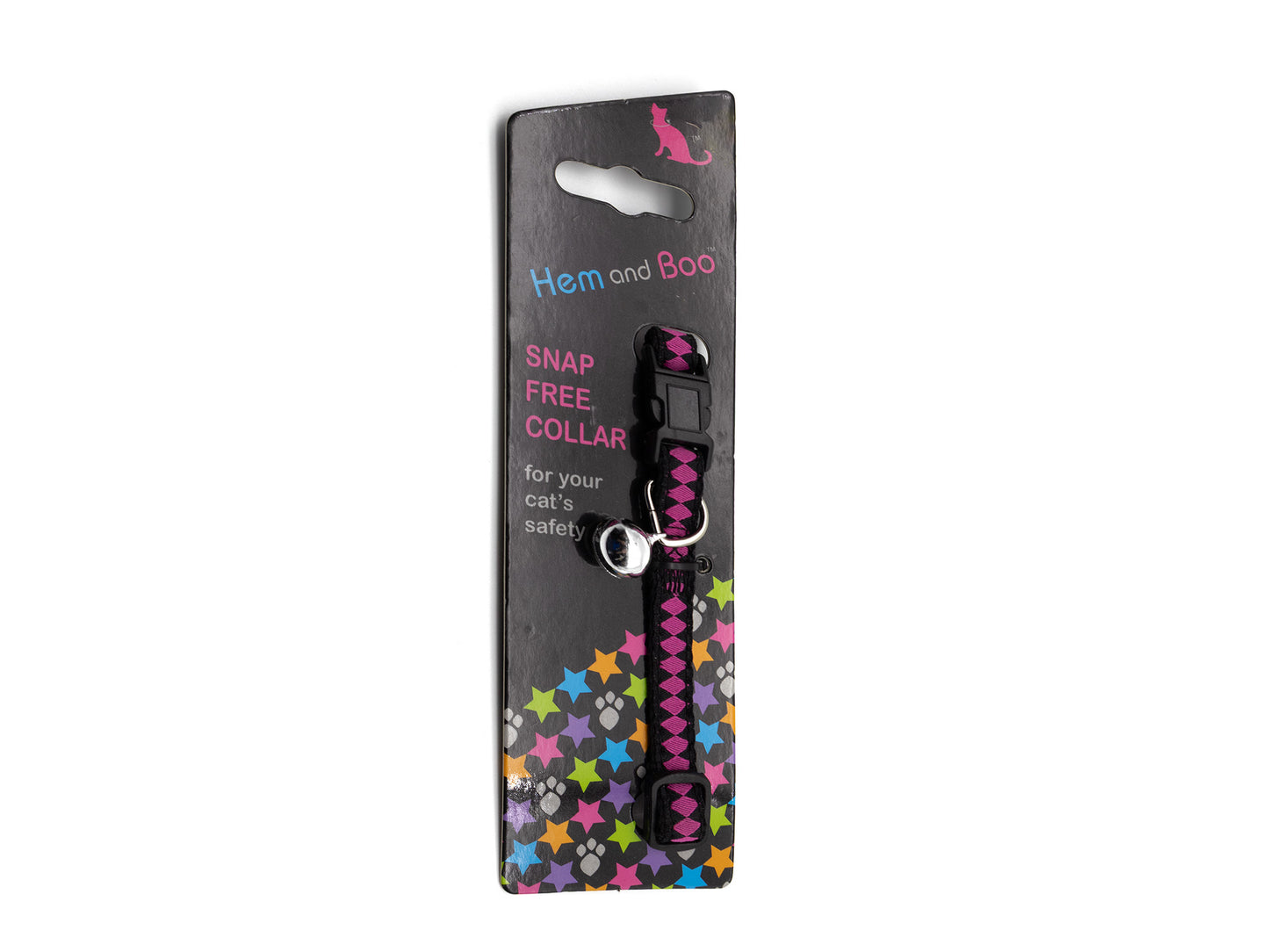 Hem and Boo brand pink and black braided snap-free dog collar on its original black retail card packaging, shown against a plain white background.