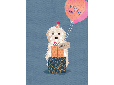 Illustration of a dog in a gift box with a birthday balloon and card on a blue background