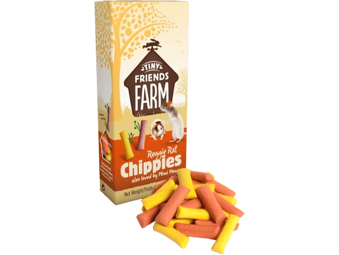 A package of Reggie Rat & Mimi Mouse Chippies, with the treats displayed in front of the package.