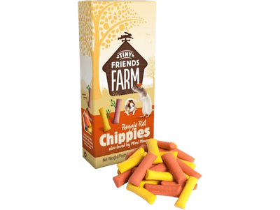 A package of Reggie Rat & Mimi Mouse Chippies, with the treats displayed in front of the package.