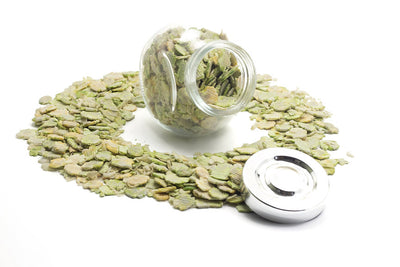 A jar filled with pea flakes