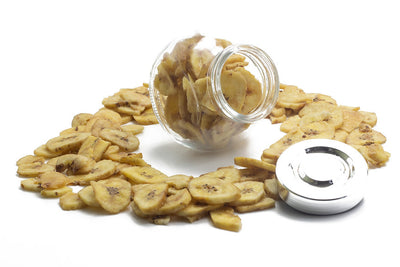 A jar filled with dried banana slices