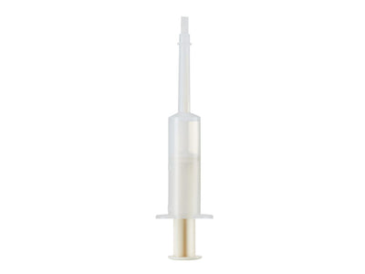 A translucent white plastic syringe-style applicator with a gold-toned plunger base, shown upright on a plain white background.