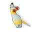 A colorful fabric mouse-shaped cat toy with a striped pattern of yellow, light blue, and beige, featuring embroidered details for eyes, nose, ears, and mouth, shown on a plain white background.