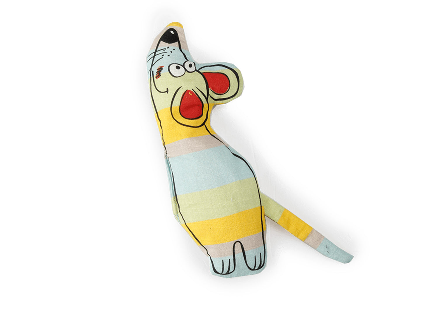 A colorful fabric mouse-shaped cat toy with a striped pattern of yellow, light blue, and beige, featuring embroidered details for eyes, nose, ears, and mouth, shown on a plain white background.