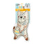 A packaged cat-shaped toy on a white background. The toy is cream-colored with orange tabby stripes and a blue-and-white striped neck, attached to a retail card labeled 'afp the Cat Coon Kicker Squeaky Cat Chai'.