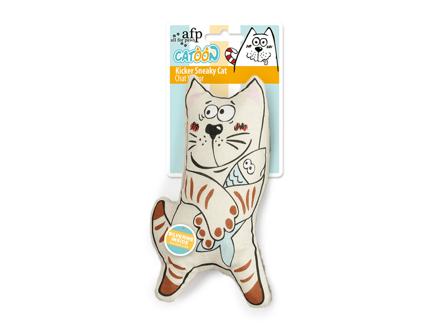 A packaged cat-shaped toy on a white background. The toy is cream-colored with orange tabby stripes and a blue-and-white striped neck, attached to a retail card labeled 'afp the Cat Coon Kicker Squeaky Cat Chai'.