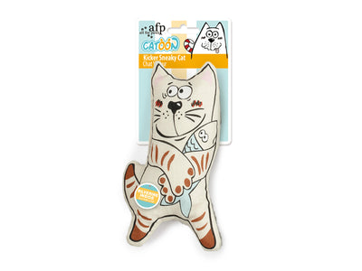 A packaged cat-shaped toy on a white background. The toy is cream-colored with orange tabby stripes and a blue-and-white striped neck, attached to a retail card labeled 'afp the Cat Coon Kicker Squeaky Cat Chai'.