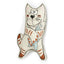 A novelty cat-shaped toy featuring a cartoon illustration of a white cat with orange stripes holding a blue fish, set against a plain white background.