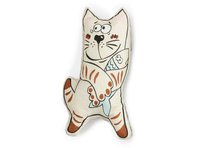 A novelty cat-shaped toy featuring a cartoon illustration of a white cat with orange stripes holding a blue fish, set against a plain white background.