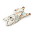 A cat-shaped plush cushion with a cartoon illustration of a sleeping orange tabby cat on an off-white fabric background, shown on a plain white studio background.